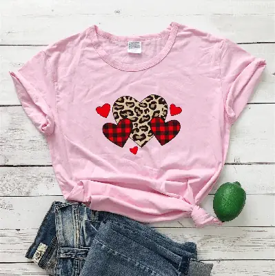 Valentine T-Shirt Grey Heart Plaid Leopard Print