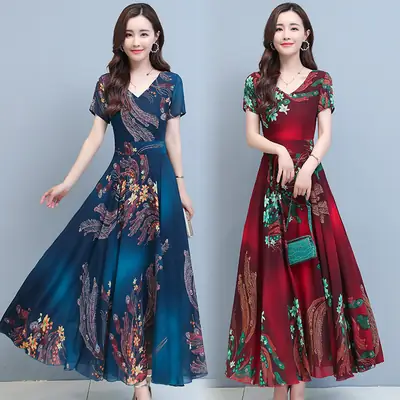2021 Summer V-neck Printed Swing Dress Large