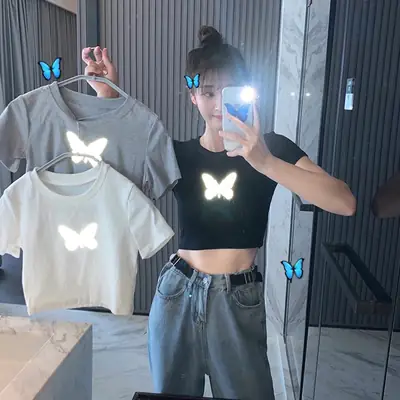 Women Reflective Butterfly Short Sleeve T-Shirt Cropped Black Base