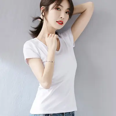Women Cotton V-Neck T-Shirt Orange Slim Fit