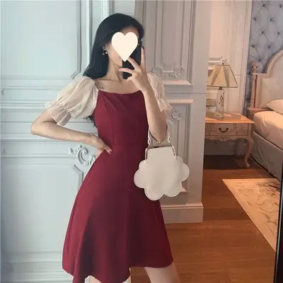 Black French Dress Square Collar Puff Sleeve Skirt