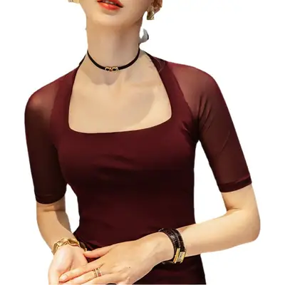 Maroon Mesh Sleeve Top with Square Collar