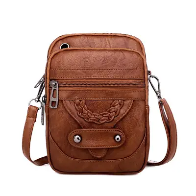 Women's Brown Textured Crossbody Bag with Mobile Phone Holder