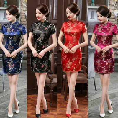 Women's Purple Floral Cheongsam Dress 2021 Winter Short
