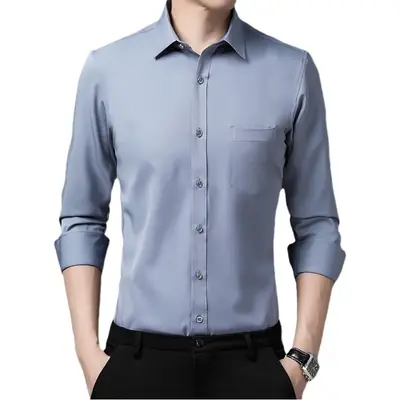 Men's Blue Long Sleeve Stretch Shirt Wrinkle Resistant