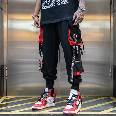 Men's Black Tide Brand Hip-Hop Ankle Pants with Red Accents