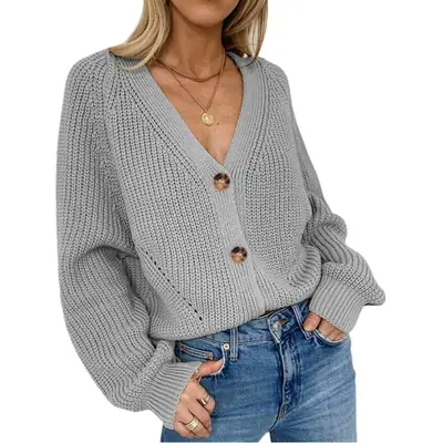 Women V-Neck Knitted Cardigan White Button Front