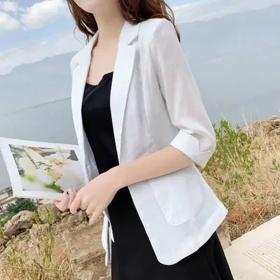 Women Linen Blazer 2026 Summer Slim Fit 3/4 Sleeve