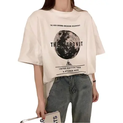 Women Korean Style Loose T-Shirt White Black Graphic Print