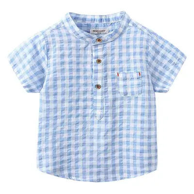 Children Cotton Blue Plaid Short Sleeve Shirt 2026