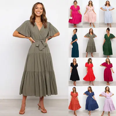 Women's Long Skirt Dress with Lace-Up Belt & Multi Color