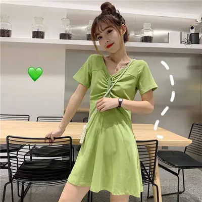 2022 Drawstring Waist Green Student Dress A-Line