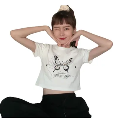 Women Butterfly Crop Top T-Shirt Light Blue Harajuku Style