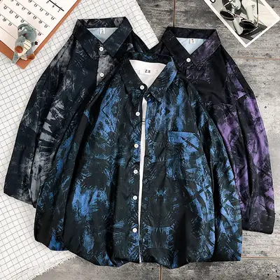 Men Tie-Dye Long Sleeve Shirt Black Blue Spring Autumn Casual