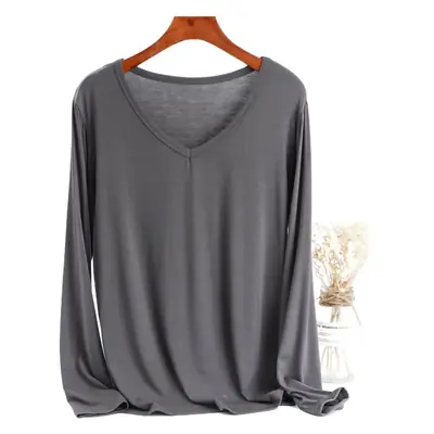 V-Neck Fat Girls Base Shirt Long Sleeve Modal T-Shirt Women