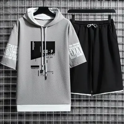 Men Blue Hooded Hoodie Black Shorts Set Summer Casual
