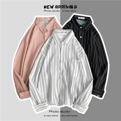 Men Long Sleeve Striped White Shirt with Pink Button Front