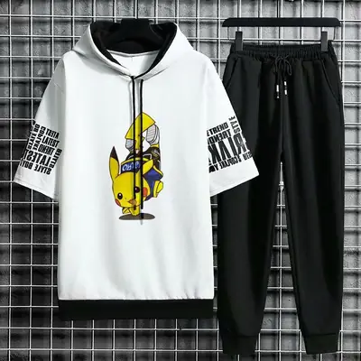 Men Black Graphic Hoodie Sweatpants Set Korean Style