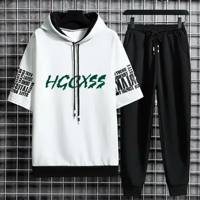 Men Hoodie Sweatpants Set Grey Black Ice Silk Trendy