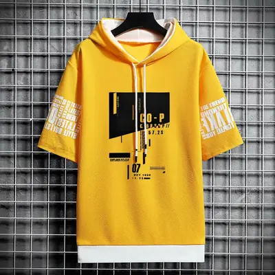 Men Grey Hooded T-Shirt with Graphic Print