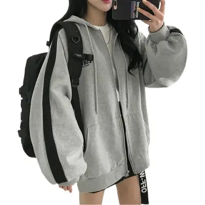 Women Velvet Hooded Sweatshirt Jacket Grey Black Zipper Winter Style
