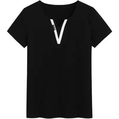 Black V-Neck T-Shirt Women Cotton 6912