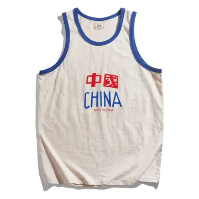 Men China Print Distressed White Blue Tank Top
