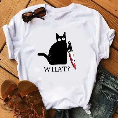 What? Cat Printed Maroon T-Shirt Loose Short Sleeve