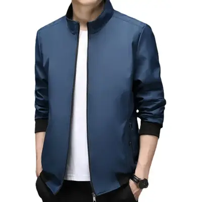 Men's Blue Zipper Jacket with Stand Collar