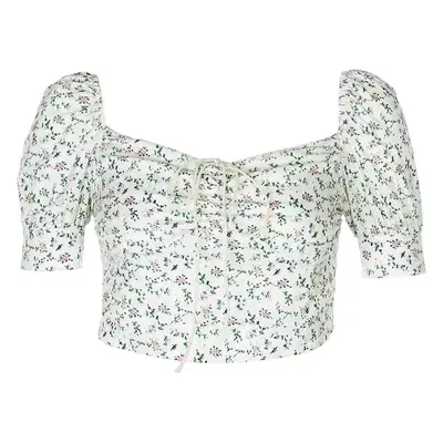 Women Floral Puff Sleeve Top Short Sleeve Slimming T-Shirt