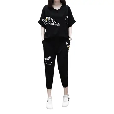 Black Running Capri Pants Two-Piece Set for Women Plus Size