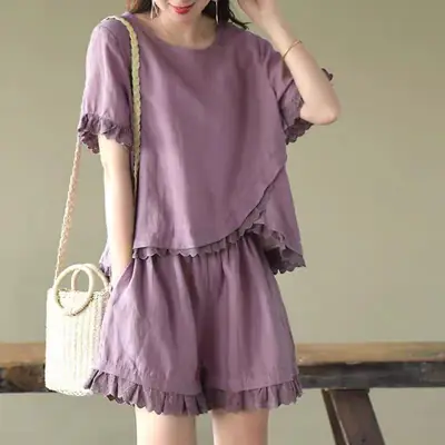 Women's Yellow Hollow Lace Shorts Set