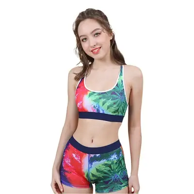 Red Printed Sports Bra Set with Waist Cutout