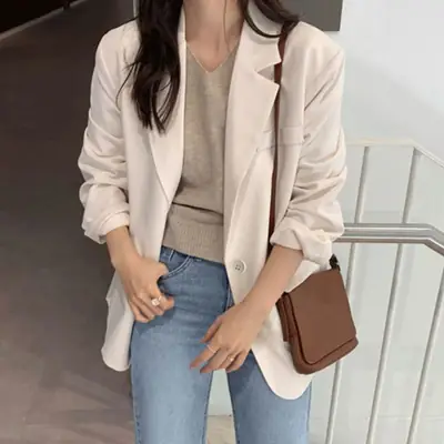 Women's White Korean Style Loose Suit Jacket Spring Autumn
