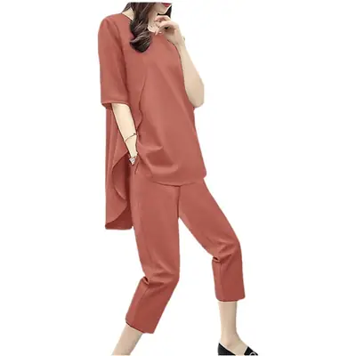 Women Loose Sleeve Green Two-Piece Suit Capri Pants