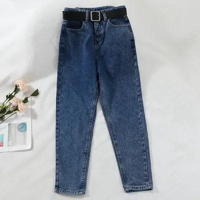 Women High Waist Slim Jeans Blue Retro Trendy