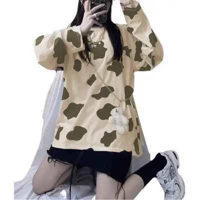 Cow Print Long Sleeve T-Shirt Women Korean Style Loose Fit