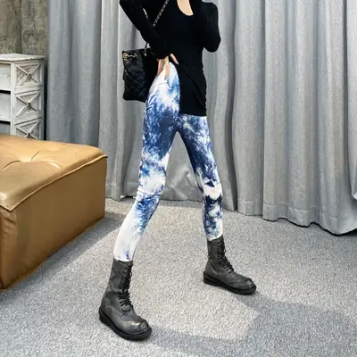 Women Printed Leggings Set Black Blue High Waist Yoga Pants