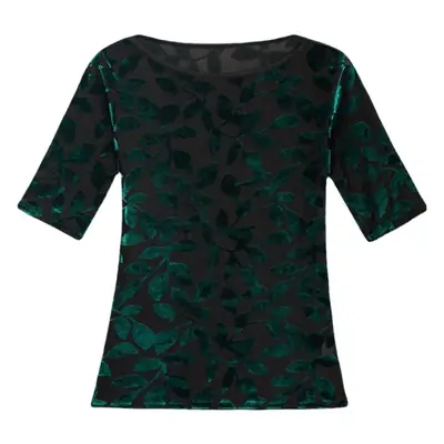 Women Black Leafy Flocked Mesh Top Mid Sleeve Spring Fall