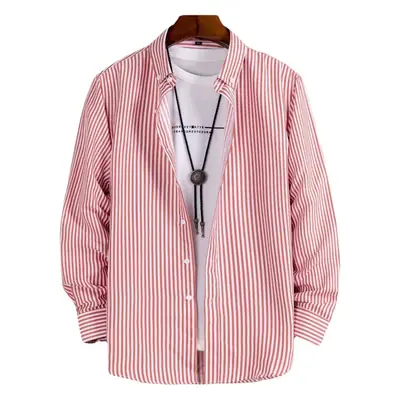 Men Navy Blue Striped Long Sleeve Shirt with Red Trim