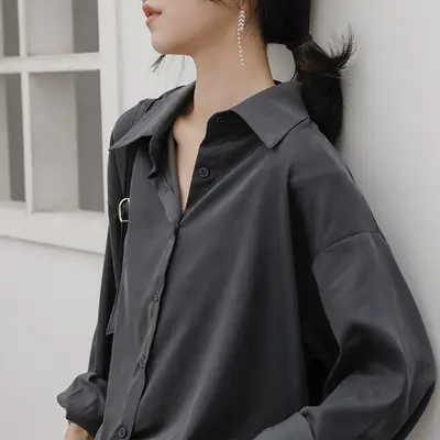 Grey Draped Shirt Women Loose Long Sleeve Lazy Spring Coat