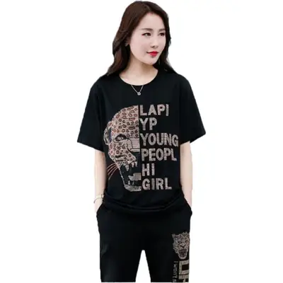 Women Black Printed Track Suit Plus Size Slim Fit