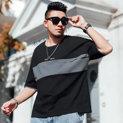 Plus Size Men Grey Striped Short Sleeve T-Shirt