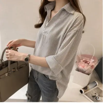 Women Striped V-Neck Shirt 3/4 Sleeve White Shorts Set