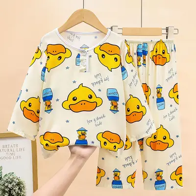 New children's cotton silk pajamas spring and autumn thin girls long sleeve suit little boy baby home clothes a generation of hair