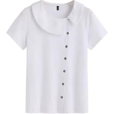 White Short Sleeve Button T-Shirt for Women