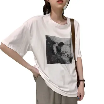 Women Printed T-Shirt White One Piece Summer Loose Fit