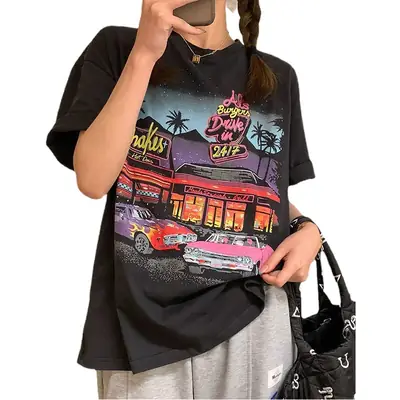Vintage Printed Loose T-Shirt Women Large 2023 Summer
