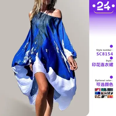 Blue Slanted Shoulder Casual Dress for Women