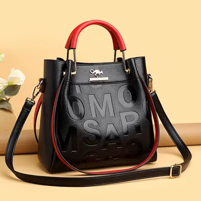 Black Embossed Shoulder Bag with Gold Silk Bow
